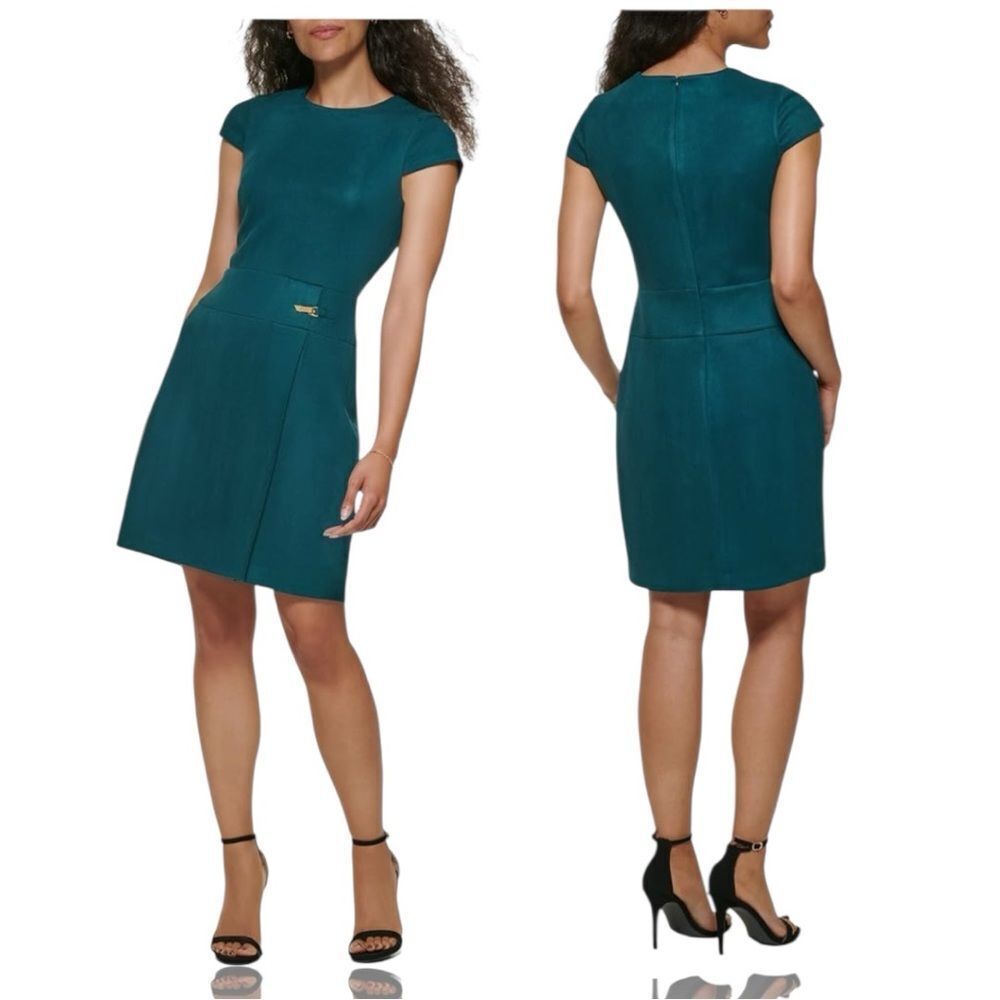 DKNY NWT Forest Green Faux Suede Sheath Cap Sleeve Dress size 10